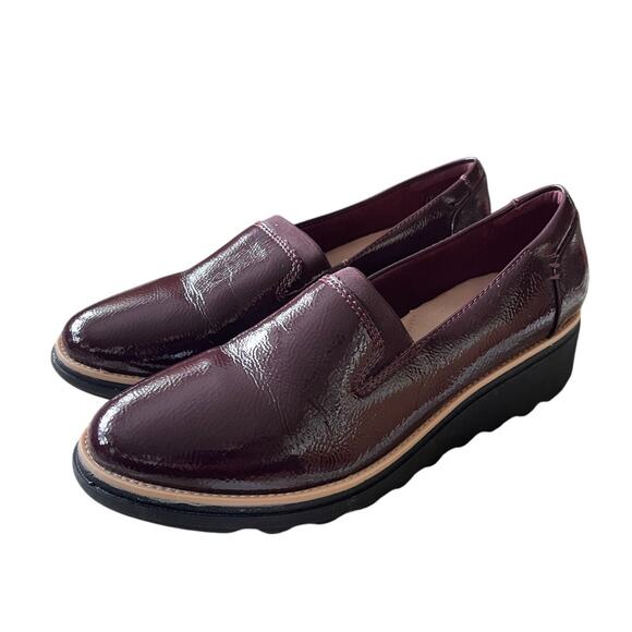 Clarks Shoes - Clarks 8 Sharon Dolly Loafer Patent Leather Slip On Platform Shoes Burgundy Red